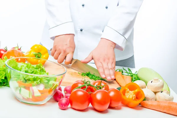 Шеф-кухар ріже різні овочі в мисці для салату, закрити — стокове фото