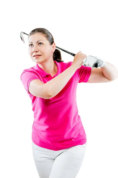 Pose mulher golfista depois de bater um clube de bola em um backgroun branco — Fotografia de Stock