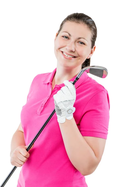 Golfista feliz em um fundo branco sorrindo e segurando um cl de golfe — Fotografia de Stock