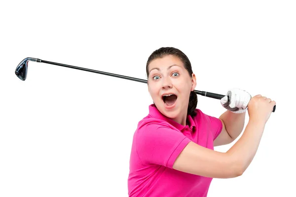 Menina feliz emocional com um clube de golfe isolado no backgrou branco — Fotografia de Stock