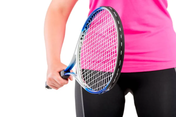 Racket in the hands of the athlete close-up at the level of hips — Stock Photo, Image