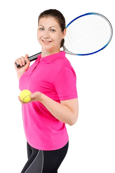 Retrato de una chica feliz que le encanta jugar al tenis en un bac blanco — Foto de Stock