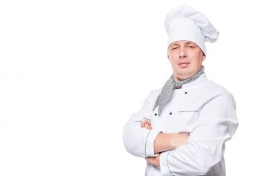 Şef üniforma ve sol arka plan üzerinde beyaz boşluk