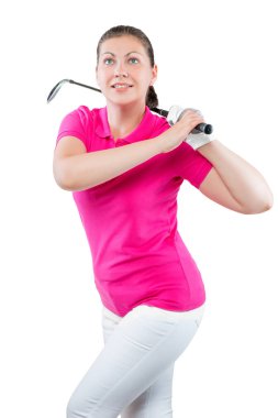 Beyaz bir arka plan üzerinde bir golf kulübü ile büyüleyici genç sporcu