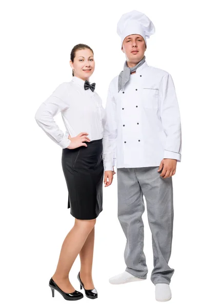 Masculino chef e garçom mulher em comprimento total no fundo branco — Fotografia de Stock
