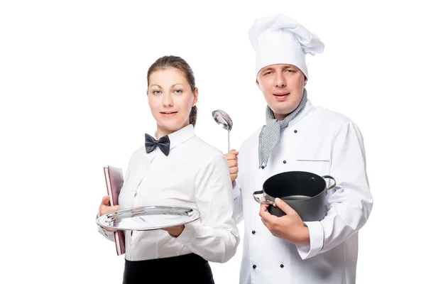 Tineri restaurant echipa portret pe fundal alb — Fotografie, imagine de stoc