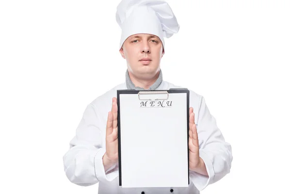 Szef kuchni trzymając pusty arkusz szczegół menu nagrywania — Zdjęcie stockowe