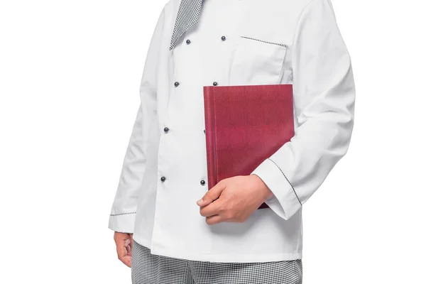 Poitrine Chef en uniforme avec menu dans les mains — Photo