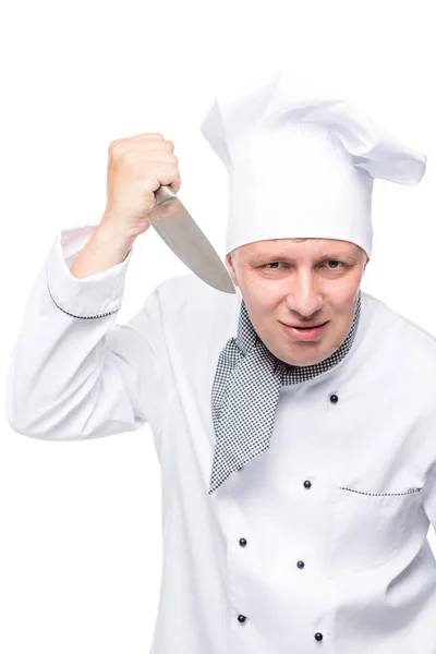 Człowiek w garnitur kucharzy ostrym nożem na białym tle — Zdjęcie stockowe