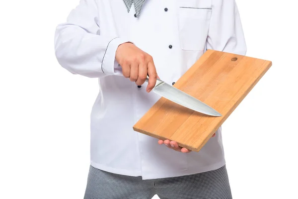 Koki tangan dengan pisau dan papan untuk memotong produk closeup — Stok Foto