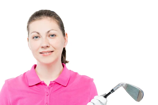 Horizontale portret van het meisje met een golfclub in een roze polo — Stockfoto