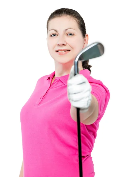 Mooie brunette golfer met een club in zijn hand op een witte bac — Stockfoto