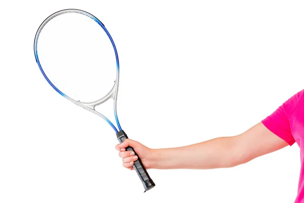 Χέρι της γυναίκας που κρατά μια ρακέτα του τένις σε λευκό φόντο — Φωτογραφία Αρχείου