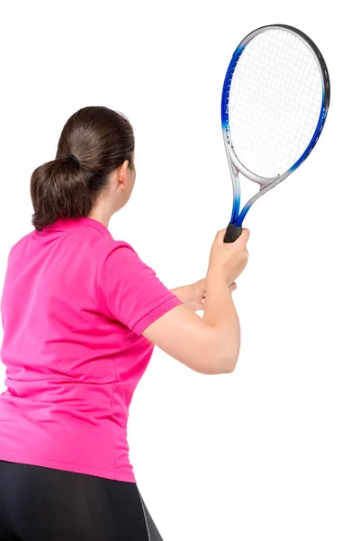 Hraje tenis, ženy zpět a raketa v rámečku na w — Stock fotografie