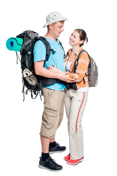 Turistas amorosos ativos em uma caminhada, foto em um fundo branco — Fotografia de Stock