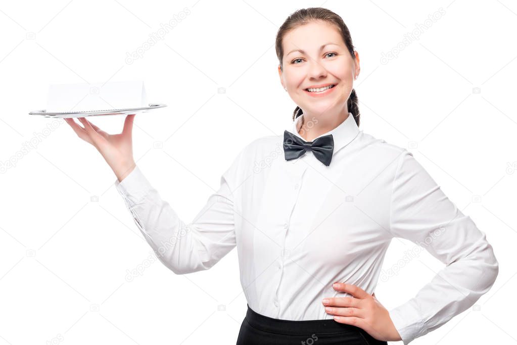 blank on a tray the waitress on a white background isolated