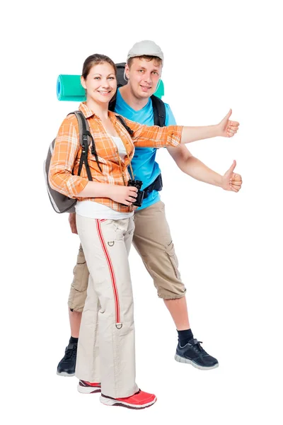 Active tourists happy hitchhikers on a white background with bac — Stock Photo, Image