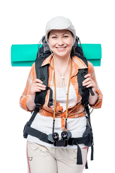 Güzel bir gülümseme ile bir sırt çantası ile turistler dikey portresi — Stok fotoğraf