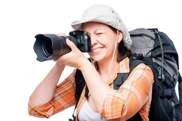 Tourist with a camera for professional work, portrait isolated — Stock Photo, Image