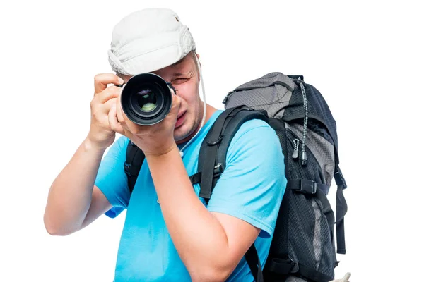 Professional photographer at work on the expedition is isolated — Stock Photo, Image
