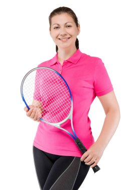 pembe tişört bir raket Tenis için beyaz bir bac üzerinde tutan kadın