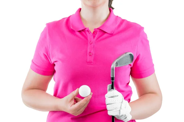 Utrustning för golf på bakgrunden av en rosa Polo T-shirts i — Stockfoto