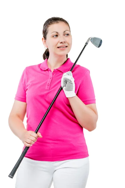 Mulher com um taco de golfe olha para o lado em um fundo branco — Fotografia de Stock