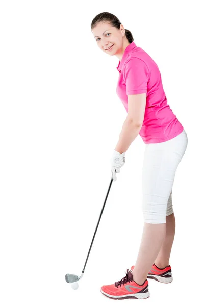 白い背景にゴルフを完全な長さで女性ゴルファー — ストック写真