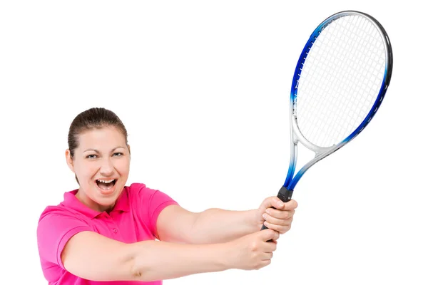 Mujer animadora con una raqueta de tenis en las manos en un blanco — Foto de Stock