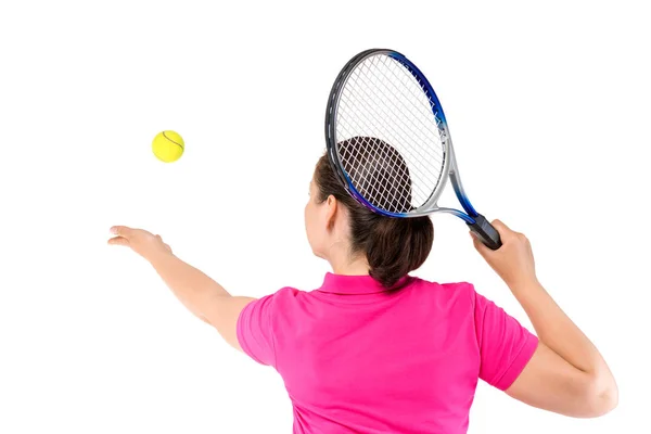 Woman has thrown the ball, view from the back on a white backgro — Stock Photo, Image