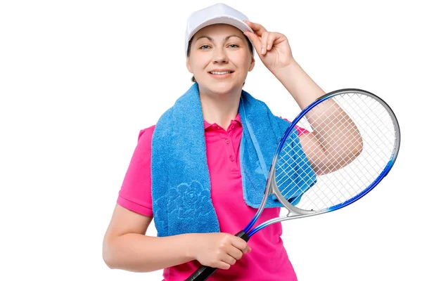 Jugador de tenis profesional con gorra de béisbol con toalla y una — Foto de Stock