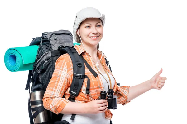 Turista satisfecho con una mochila llena de espectáculos gesto de la mano en — Foto de Stock