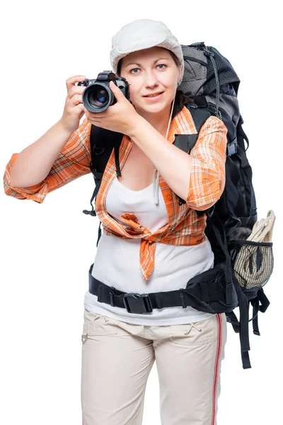 Femme, un photographe professionnel dans la campagne sur une ba blanche — Photo