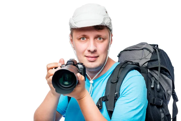 Horizontal portrait of a photographer with a camera in hands on — Stock Photo, Image
