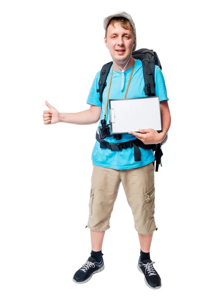 Happy camper hiker with a blank isolated on white background — Stock Photo, Image