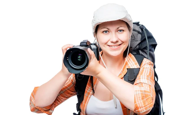 Happy camper photographer with a large camera on a white backgro — Stock Photo, Image