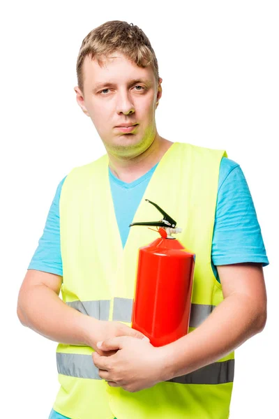 Retrato vertical de un hombre en chaleco con extintor de incendios —  Fotos de Stock