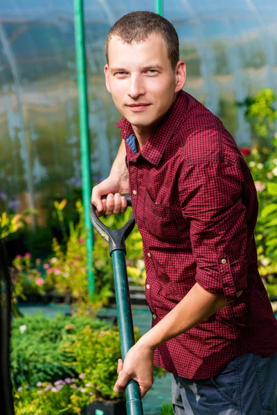 Een man kijkt na planten in een kinderdagverblijf, een portret met een schop — Stockfoto