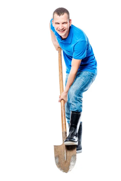 Agricultor alegre cavando a terra, retrato isolado — Fotografia de Stock