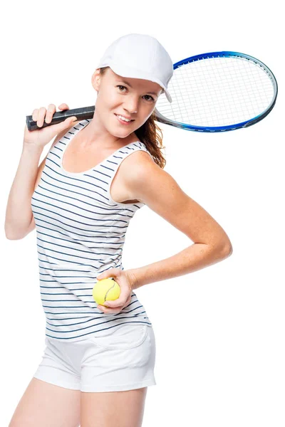 Девушка в ракетке позирует на белом фоне в спортивной одежде — стоковое фото