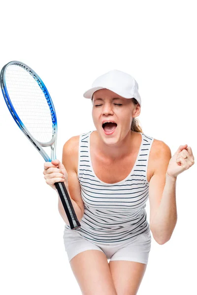 Örvendezve győzelem érzelmi teniszező fehér alapon — Stock Fotó