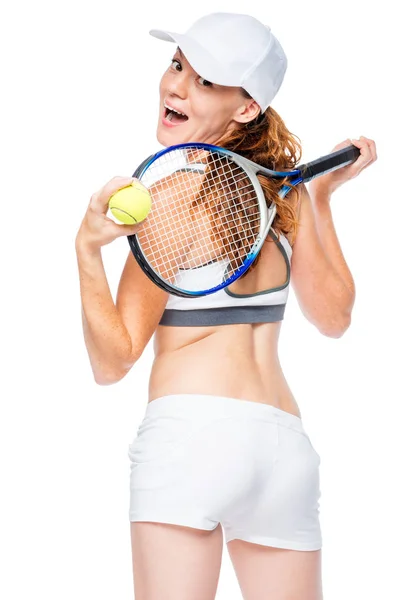 St で白い背景を振り返って楽しいテニス プレーヤー — ストック写真