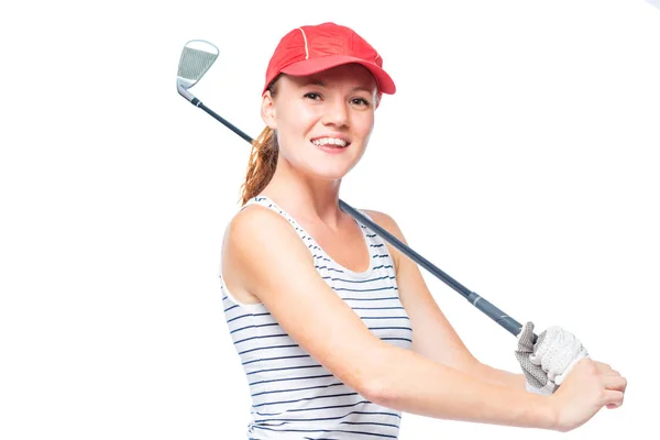 Golfer putting golf stick on shoulder while smiling over white b — Stock Photo, Image