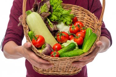 Bir çiftçinin elinde bir sepet yakın çekim olgun sebze