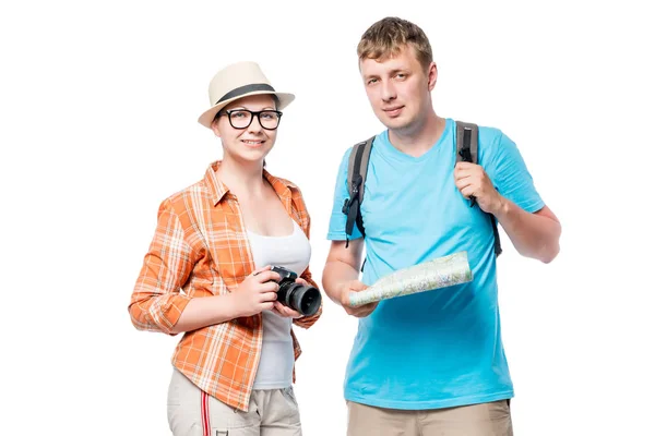 Fotograf a Turistický batoh na bílém pozadí — Stock fotografie