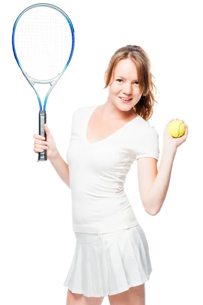 Dikey bir tenis raketi ve bal ile ince bir kız portresi — Stok fotoğraf