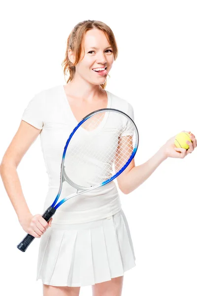 Пустотливий молода дівчина тенісист позує на білому фоні — стокове фото