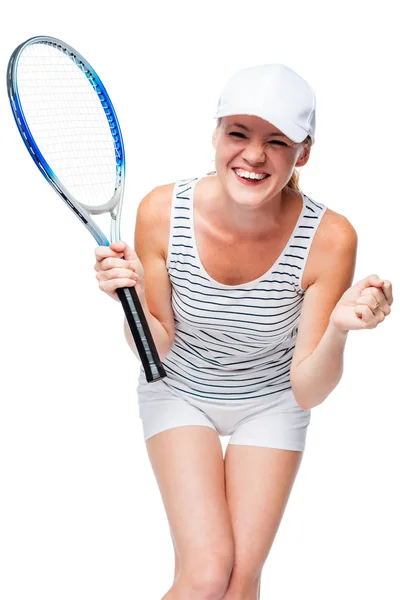 白い背景の上の幸せ成功したテニス選手はたいへん v — ストック写真