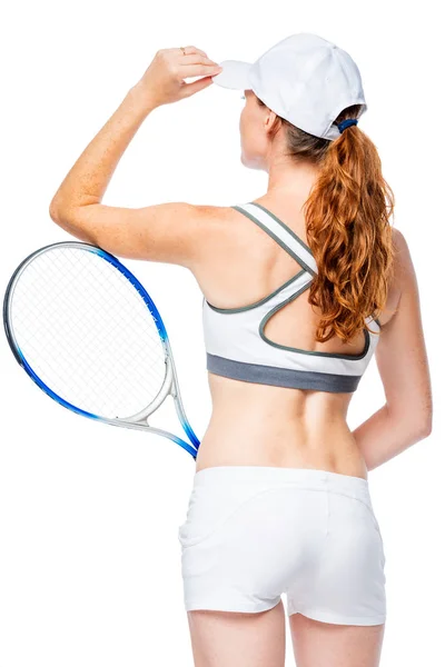 Chica deportista con la espalda en el marco corrige tapa aislada — Foto de Stock