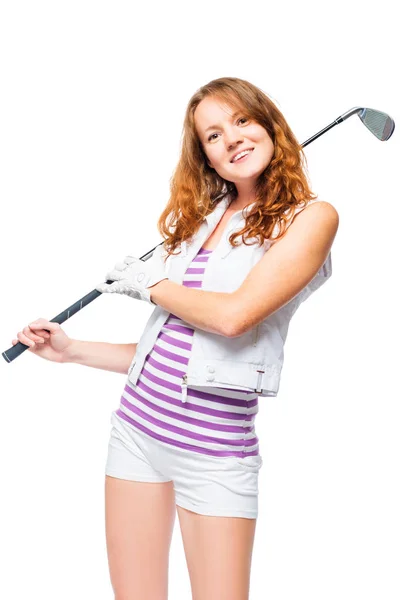 Sportswoman sorridente com clube de golfe no fundo branco isolado — Fotografia de Stock